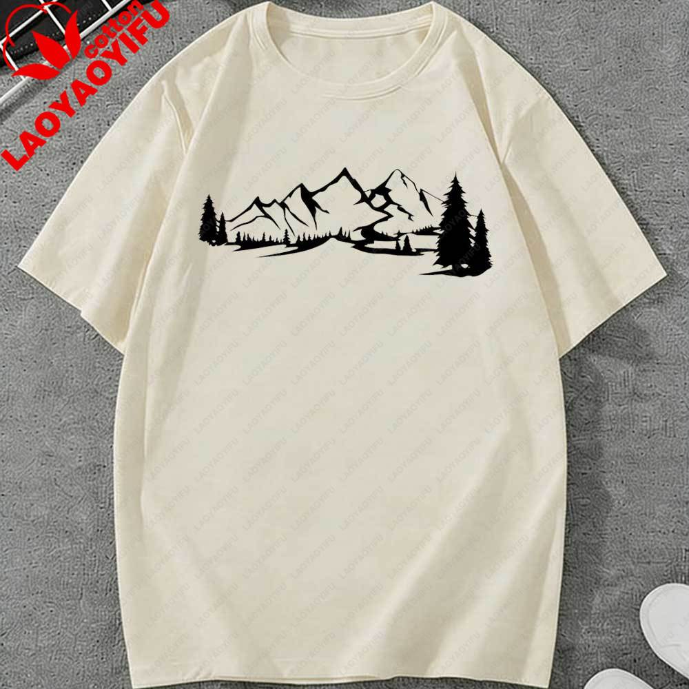 Minimalist Mountain Forest River Landscape TShirt Nature Graphic Tee Oversized Cotton Casual Top Hiking Camping Outdoor Lovers