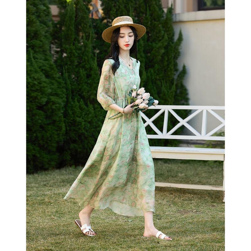 Demana Monet Garden Printed V-Neck A-Line Midi Dress