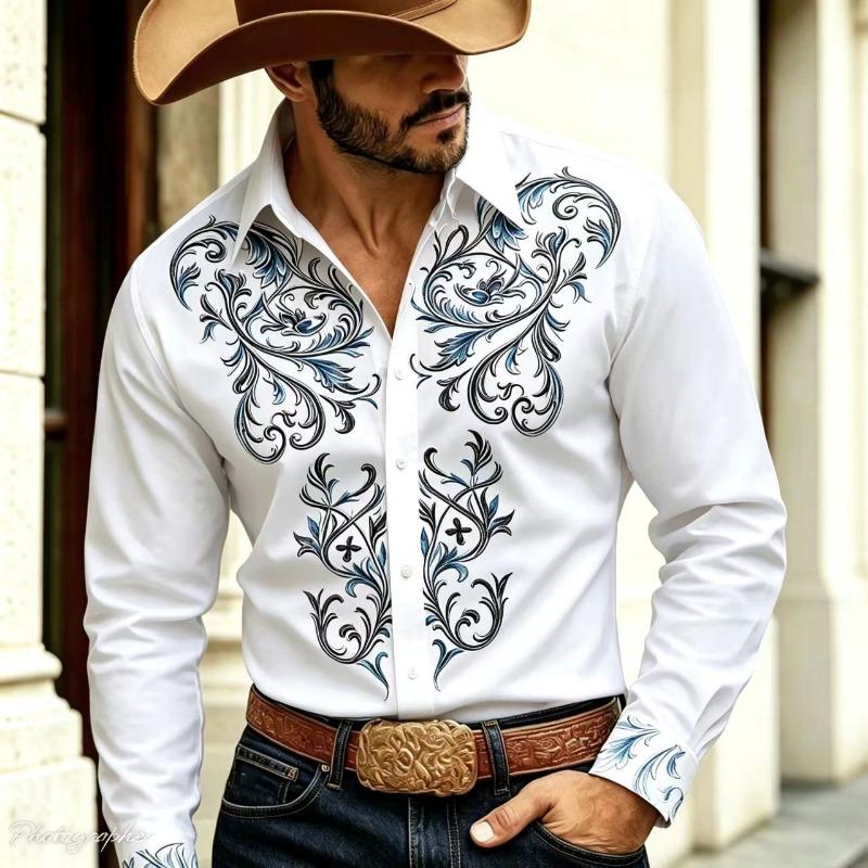 Retro floral 3D printed men's shirt, Western denim button up long sleeved shirt, men's lapel casual fashion shirt, plus size