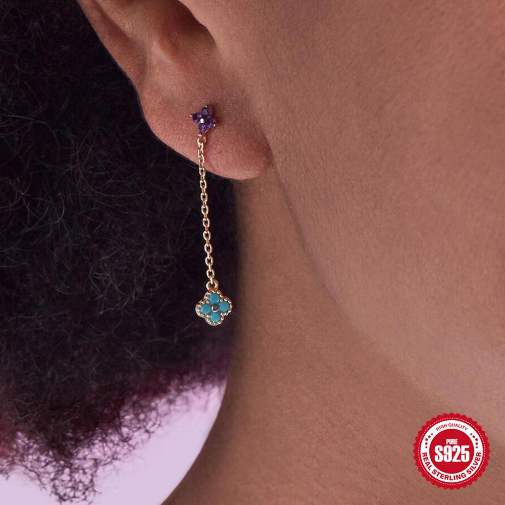 Stylish And Simple Ins Wind S925 Sterling Silver Petal Diamond Chain Tassel Thin Earrings Stud Earrings