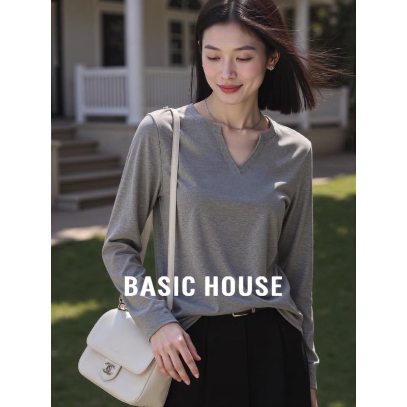 Basic House Women s Silk Blend V-Neck Long Sleeve T-Shirt L