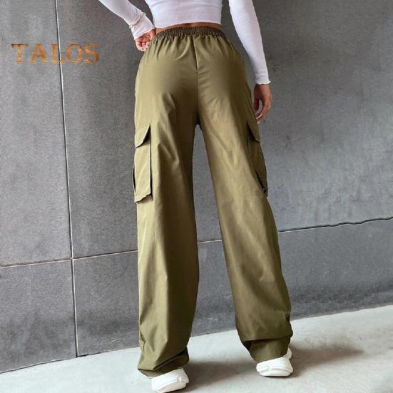 Pantaloni cargo pentru femei, cu talie elastică, cu picior lat, de culoare uni, pantaloni de sport casual, cu buzunar lateral cu clapă