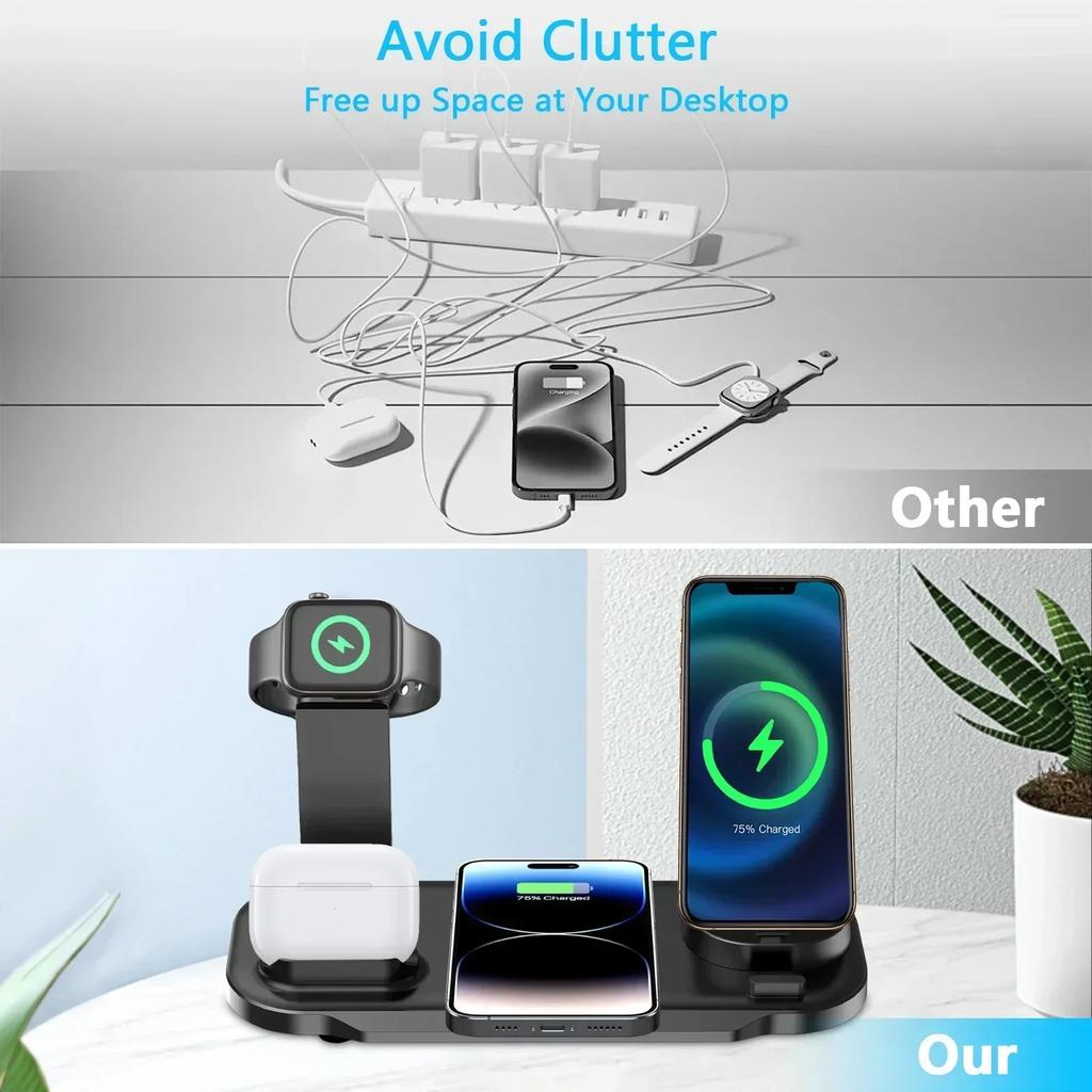 6 in 1 Wireless Charger Station for iPhone 16 15 14 13 12 11 Apple Watch Airpods Desk Phone Charger Fast Charging Dock Station