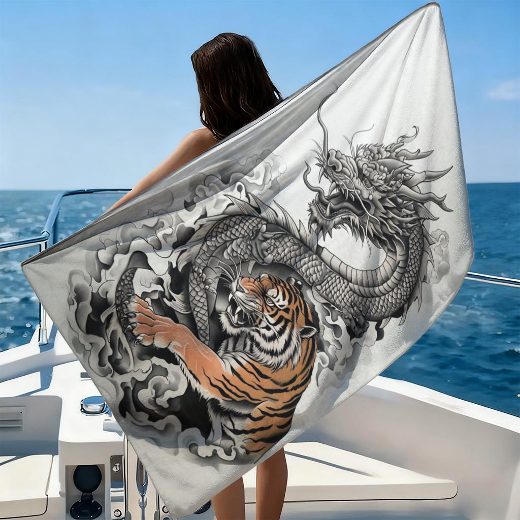 Fight Dragon And Tiger Beach Towel Quick-Drying Small To Large Towel Suitable For Beach Yoga Gym Pool Camping Gift For Friends