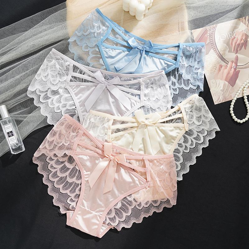 Bowknot Hollow Lace Panties for Women Satin Pure Cotton Crotch Breathable Sexy Mid-waist Women Briefs Underwear Knickers