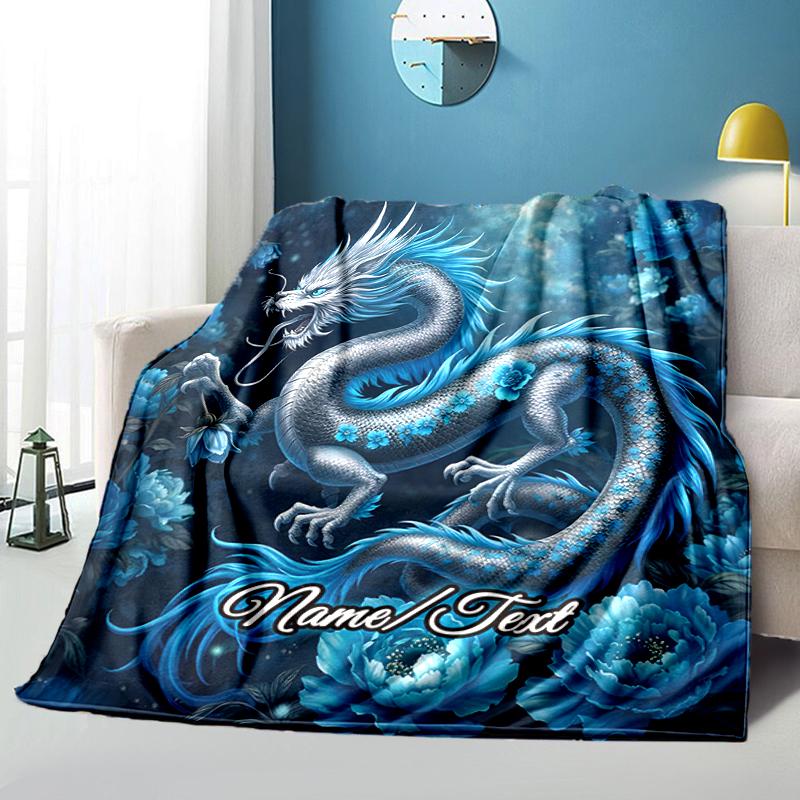 1PC Custom Name Blue Dragon Fantasy outdooor Flannel blankets Throw Blanket All-Season Throw Gift Bedspread for Couch, Bed, Camping Holiday Birthday g
