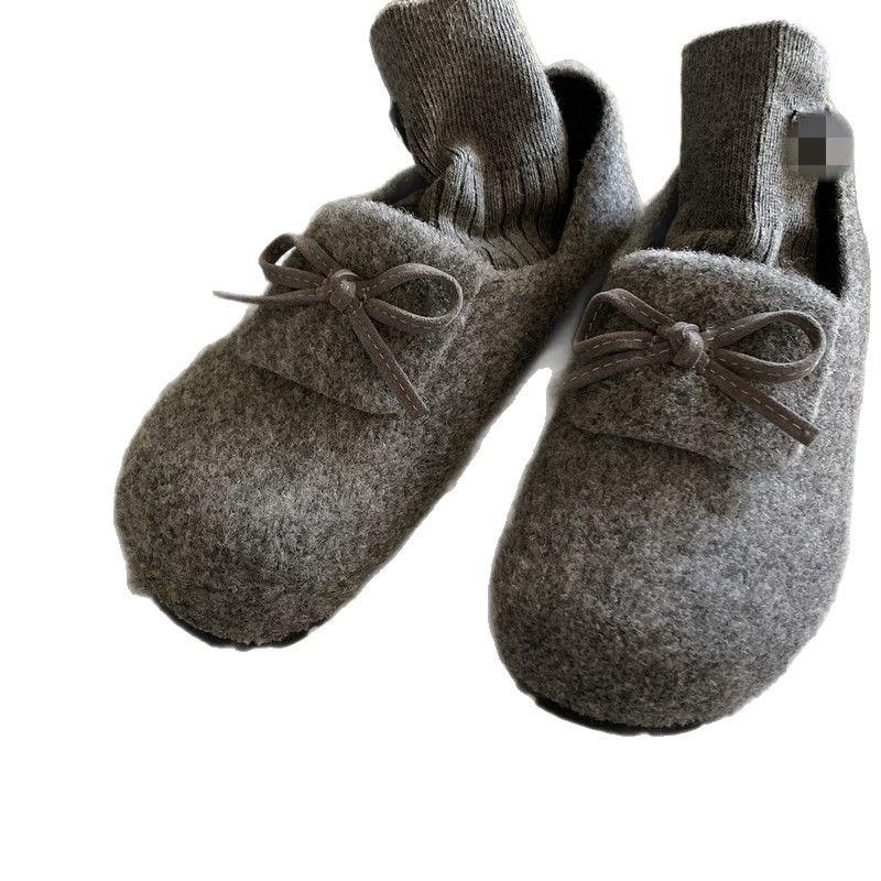 Versatile Velvet Warm Round Hair Shoes Autumn and Winter New with Skirt Bow Soft Flat Cotton Shoes