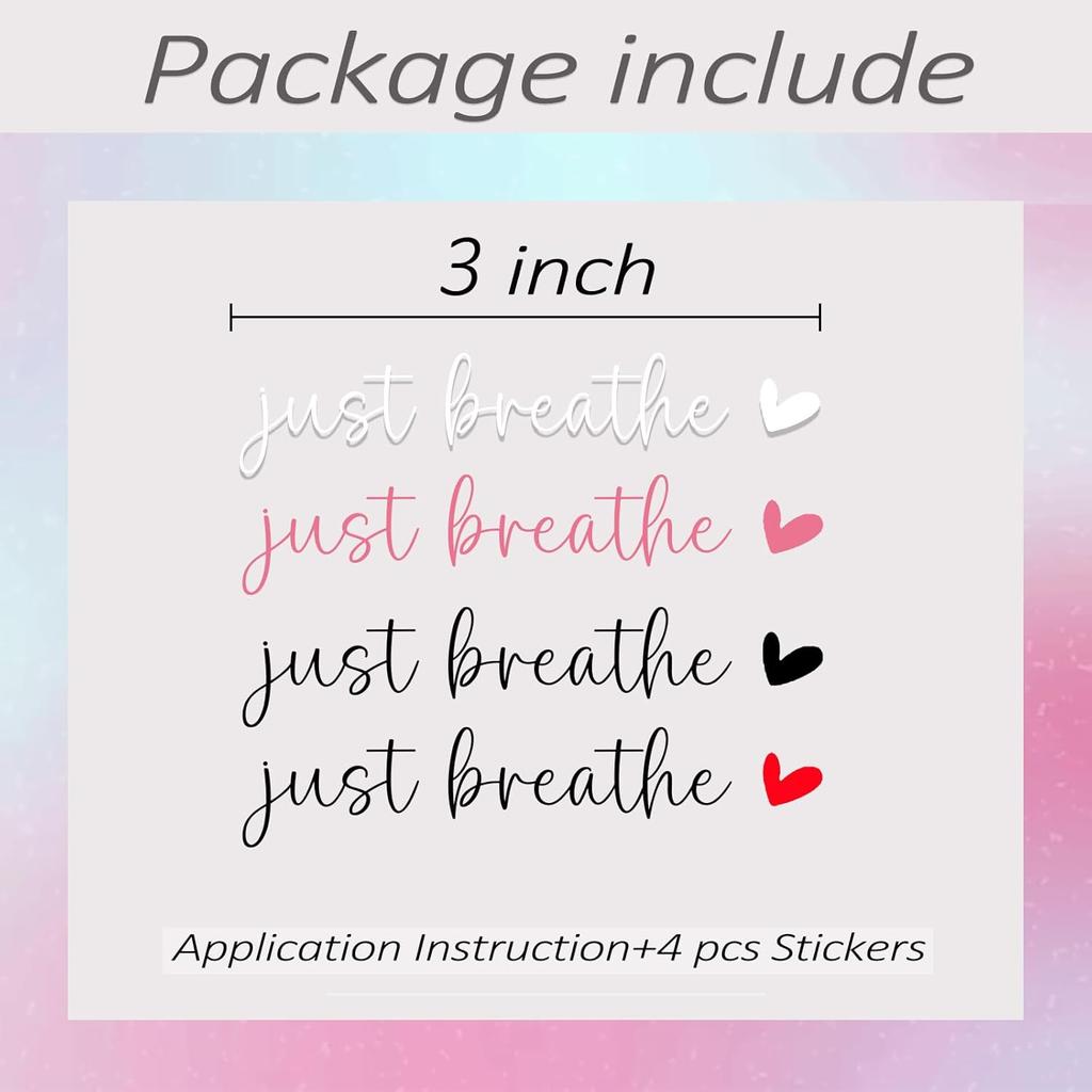 4 xJust Breathe Rear View Mirror Sticker,Rearview Mirror Decal,Car Accessories For Women,Motivational Stickers,Water Bottle Laptop Bumper Tumblers
