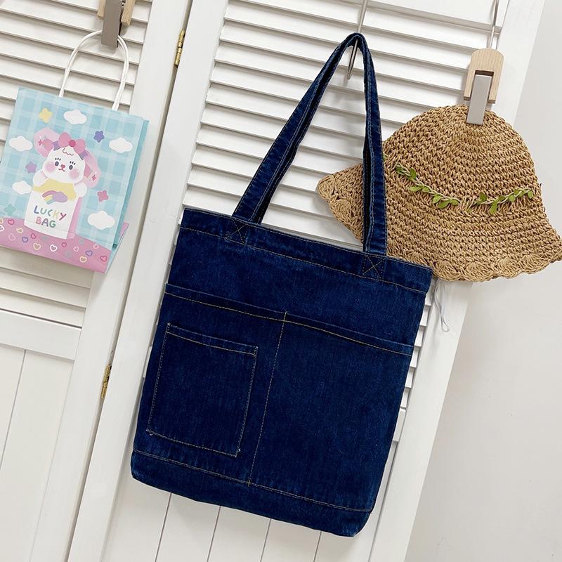 Denim Canvas Tote Bag for Women Casual Korean Style Shoulder Bag with Pockets Durable Hand Washable Daily Commute Accessory