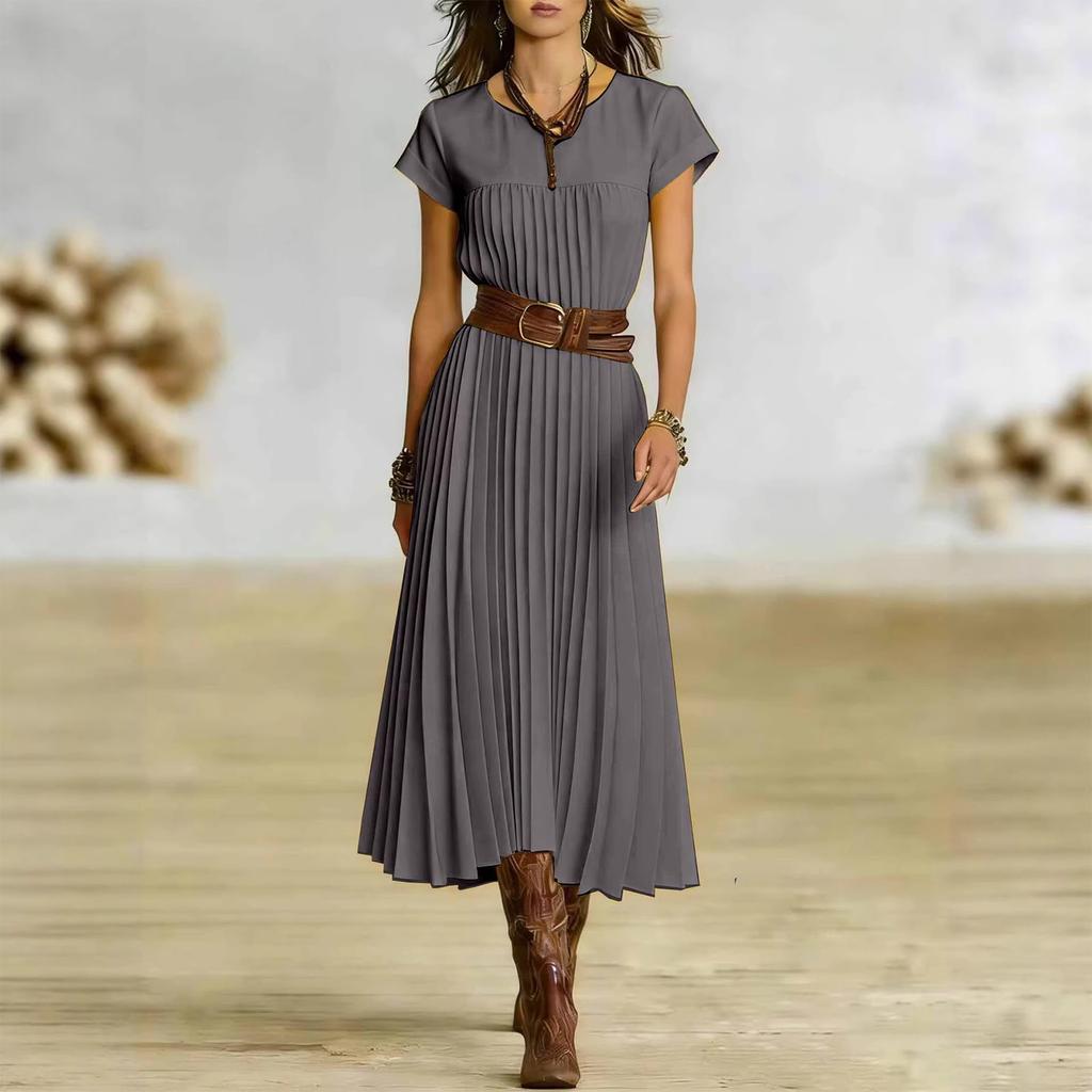 Women's Fashionable Color Round Neck Short Sleeved Pocket Pleated Loose Dress