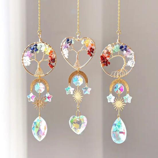 Tree of Life Faux Crystal Suncatcher, Colorful Prism Drop Pendant, Window Hanging Rainbow Maker Ornament for Indoor Outdoor Decor