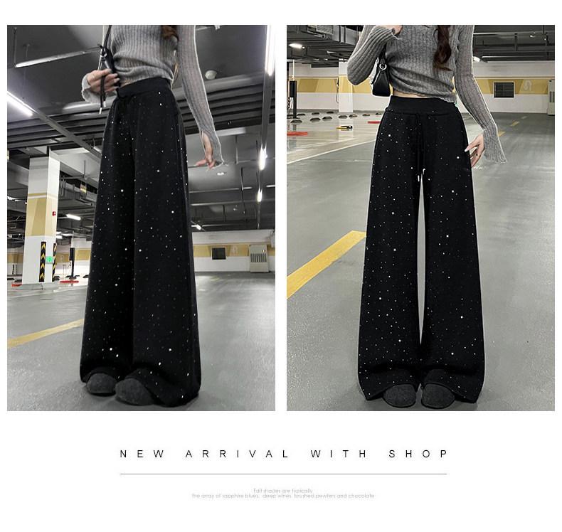 Women's High Waist Black Sequin Wide-Leg Pants - Spring 2026, Plus Velvet, Petite Drape, Straight Leg, New Arrival