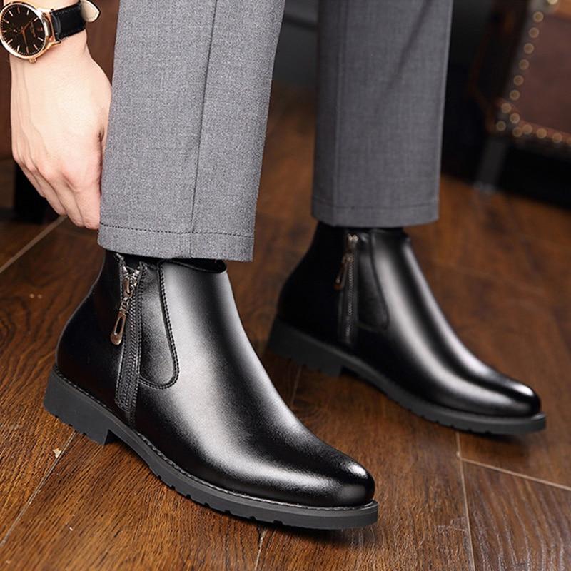 Genuine Leather Chelsea Boots Men Winter Shoes Plush Warm Shoes Fashion Winter Mens Ankle Boots Black