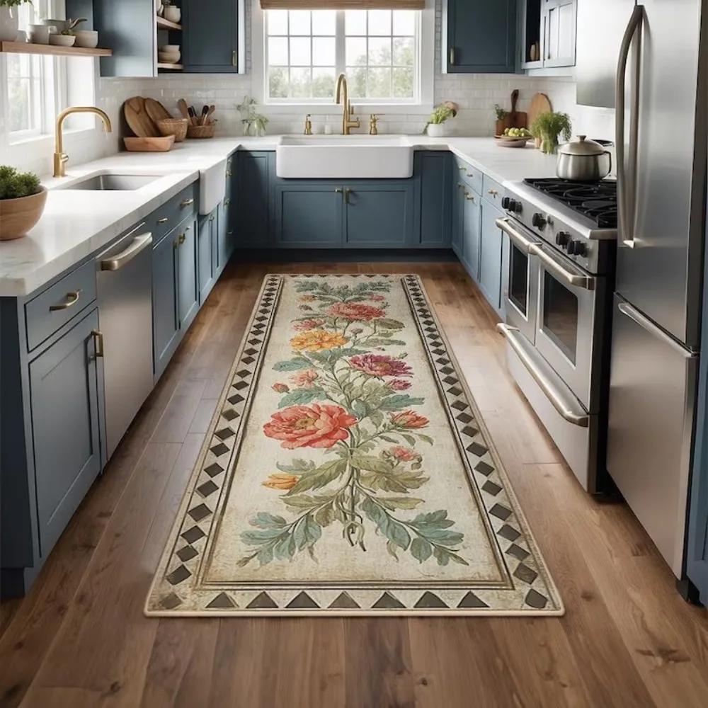 Tappeto da Cucina Tappetino Tappeto con Motivo Floreale - Design Colorato con Fiori Decorazione per la Casa per Pavimento del Soggiorno Tappeti per il Soggiorno