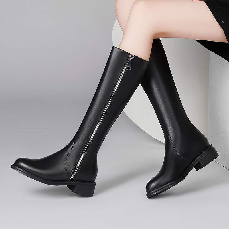 Krazing Pot Cow Leather Autumn Winter Shoes Thick Med Heels Big Size 45 Size 44 Zipper Decoration Concise Style Women Keep Warm Knee Boots