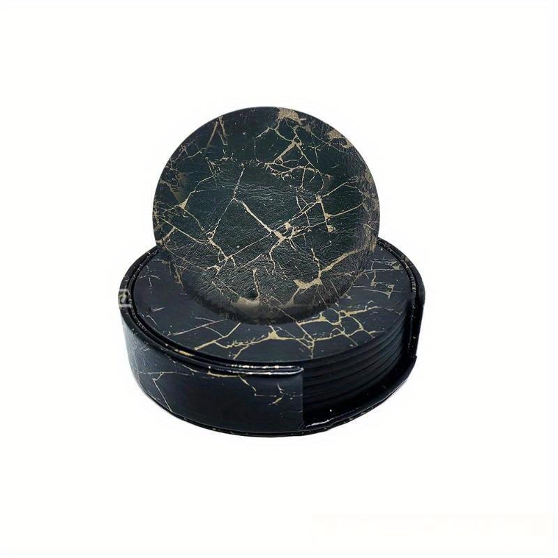 6pcs Marble Coaster Artificial Leather 10cm Oil and Water Resistant Heat Resistant with Base Double Sided Leather Coffee Coasters