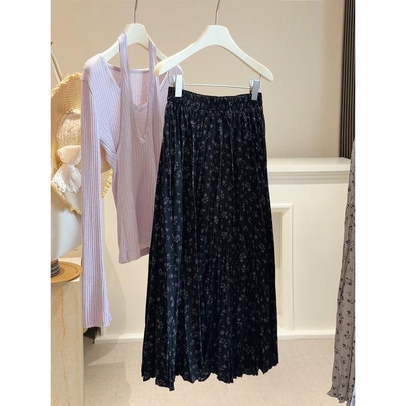 

Literary and retro small floral skirt for women s spring new Korean elastic waist and thin casual A-word umbrella skirt One size fits all