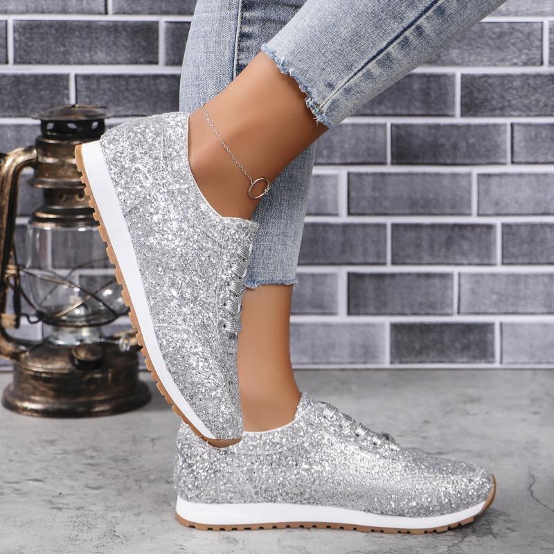 Plus Size Flat Casual Sports Shoes Women's 2025 New Sequin Lace-up Shoes