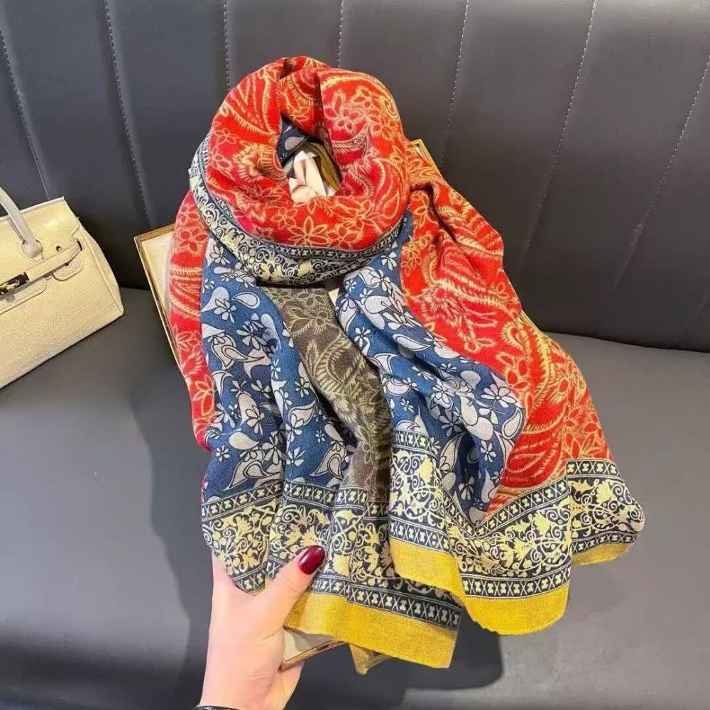 180X85Cm Retro Cashew Flower Scarf Women'S All-Season Cotton And Linen Feel Large Scarf Warm Sun Protection Neck Shawl Hijab