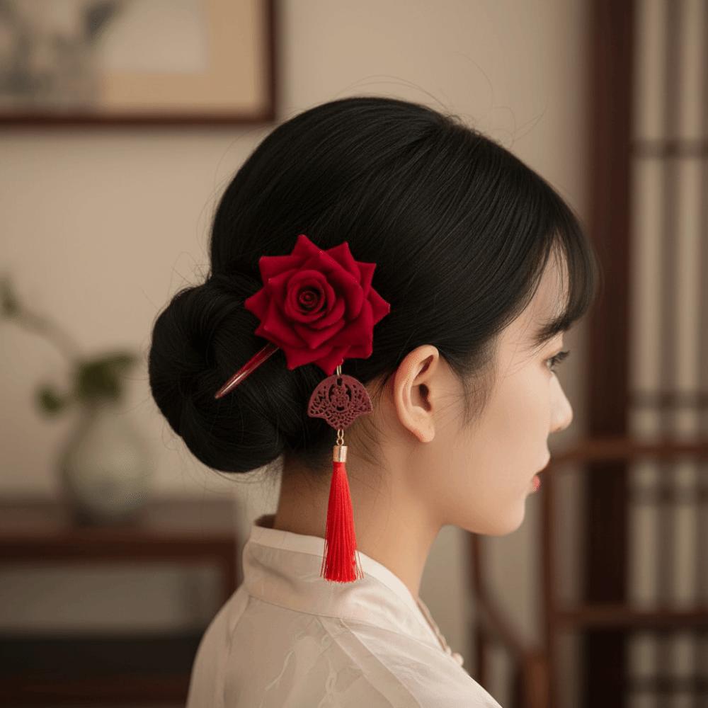 Retro Red Rose Ancient Chinese Hairpin Tassel With Fan Hair Forks Red Hair Stick Hair Accessories