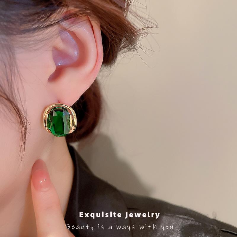 Emerald zircon oval silver needle stud earrings real gold electroplating temperament earrings