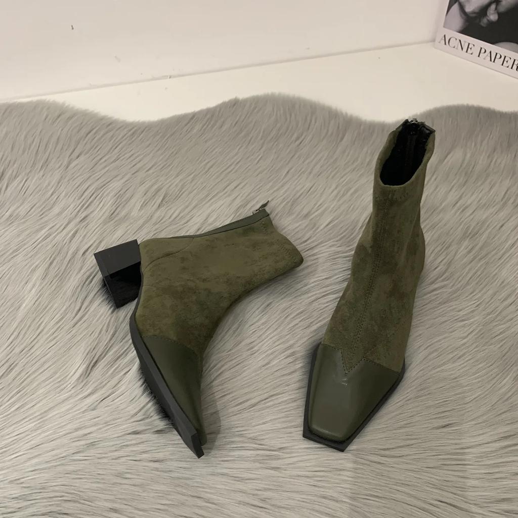 Woman Ankle Boots Fashion Fur Suede Mid Heel Short Boots Autumn Winter Ladies Elegant Square Toe Back Zippers Botas Mujer 2025