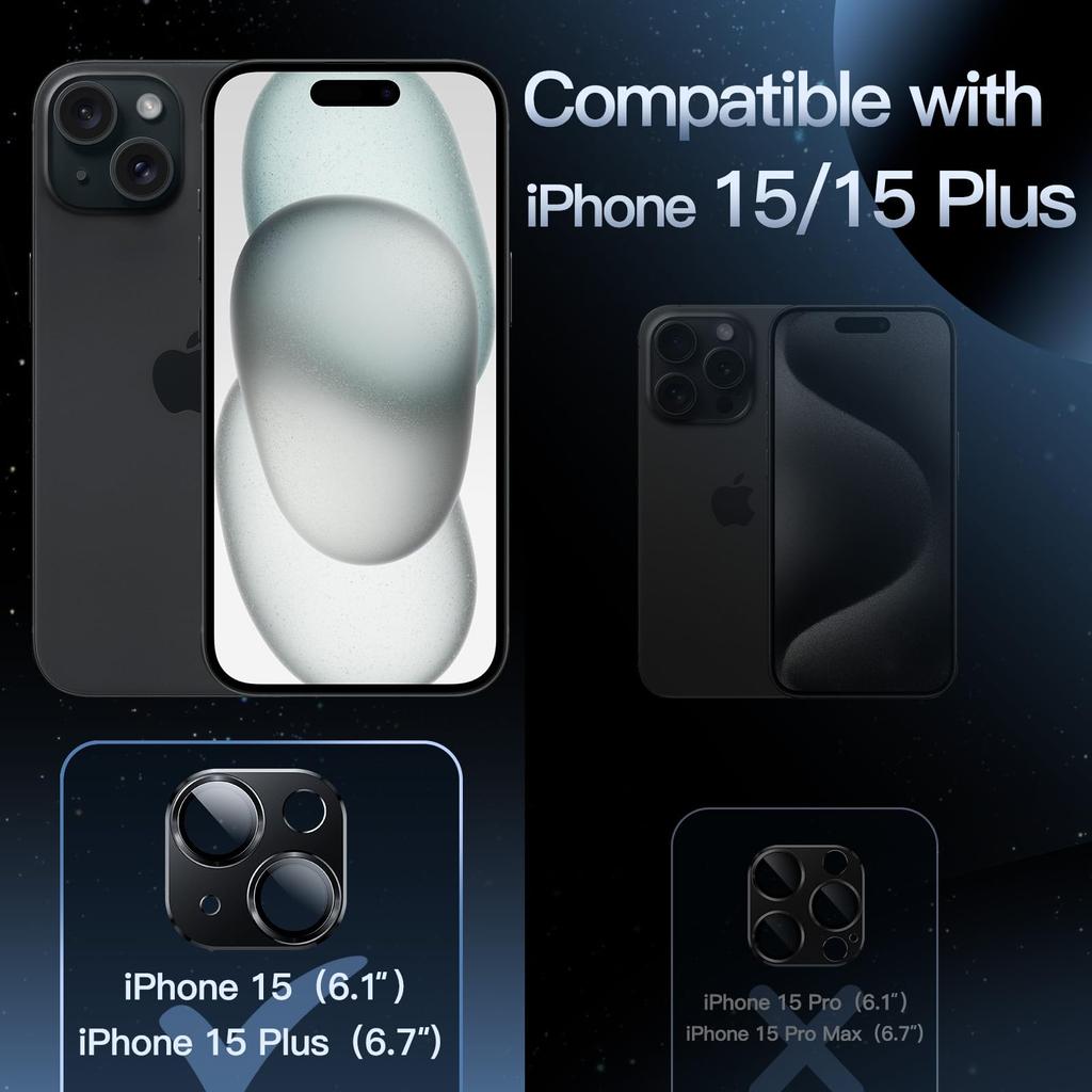 JEDirect Camera Lens Film for iPhone 15 15 Plus Inch Full Protection 9H Tempered Glass Ring Cover Matte Metal Plate No Interference with Case 1 Piece