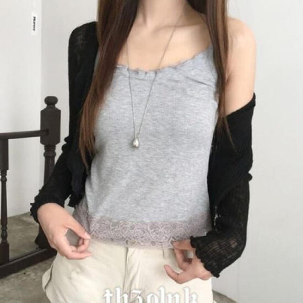 The Pink Slim Fit V Neck Lace Trimming Ribbed Tank