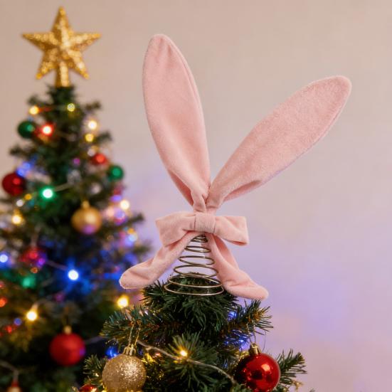 Easter Ornament Soft Pink Velvet Rabbit Ears Tree Topper with Spring Support Flexible Swinging Decoration Party Table Easter Decoration
