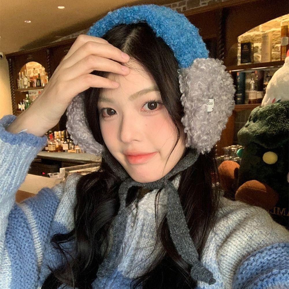 Rolled Plush Earmuffs Color Matching Ear Protection Fashion Lace-up Pullover Hat Winter Outdoor