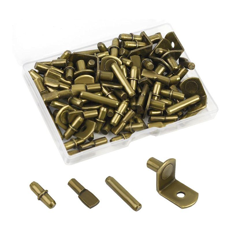 100Pcs Shelf Pegs For Shelves, 4 Styles Shelf Pins Kitchen Cabinet Shelf Pegs,Shelf Holders Pegs, Bookshelf Pegs Durable Bronze-