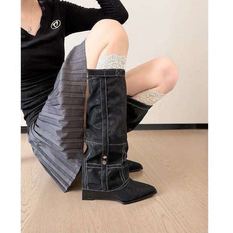 Large Size Slope Heel Boots Women's Autumn and Winter New Tall Fashion Boots Pointed Suede Knight Boots Versatile Boots