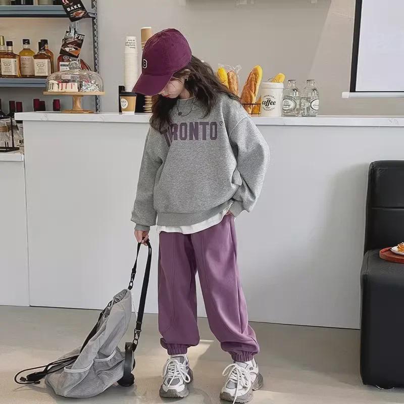 2024 Girls' Stylish Two-Piece Suit: Casual Sweatshirt & Sports Pants for Big Kids
