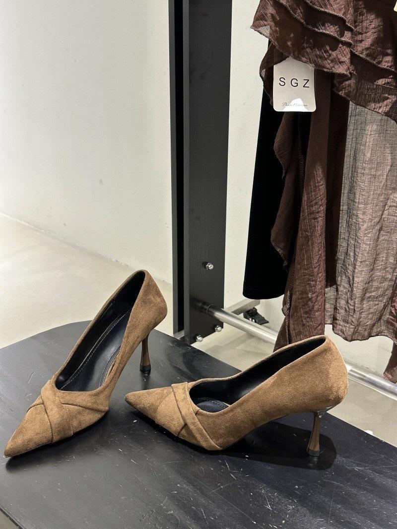 

Pointed stiletto suede high heels fashionable one-pedal skirt shallow mouth single shoes 40 коричневий
