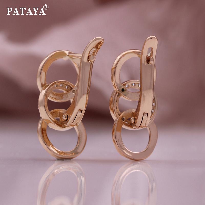 PATAYA Kolczyki z cyrkonii w kolorze różowego złota 585, okrągłe, geometryczne, z mikrowoskiem, w kolorze białym