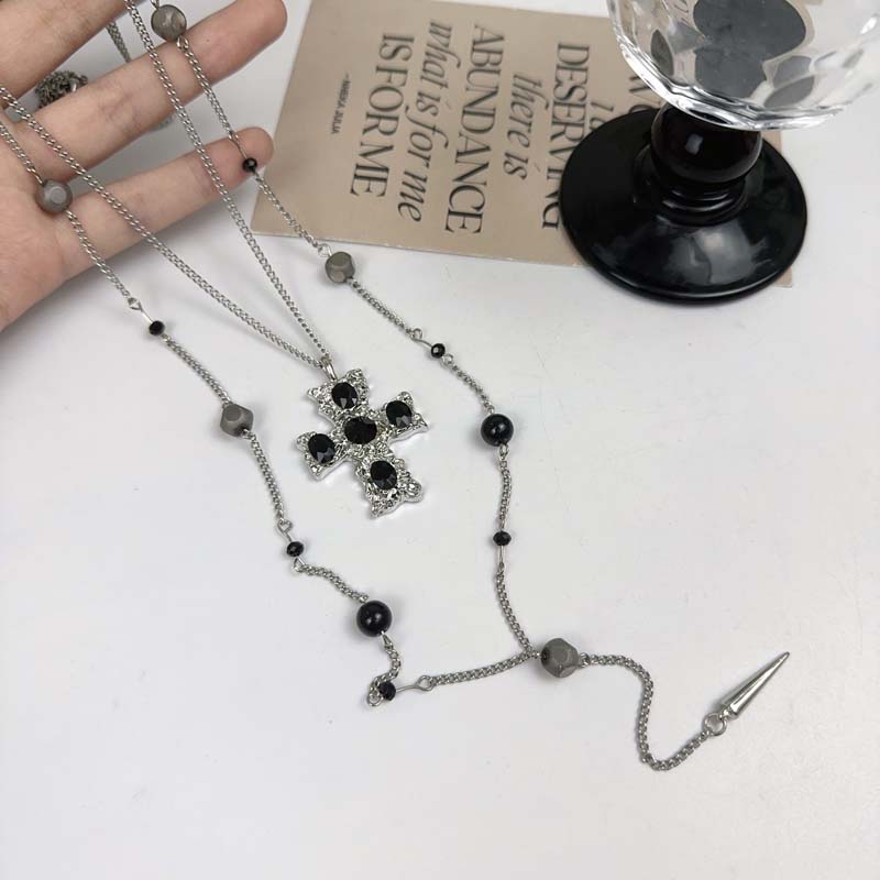 Y2K Silver Color Cross Pendant Necklaces for Women Sweet Cool Metal Double Layer Beaded Rivet Long Tassel Necklaces Jewelry