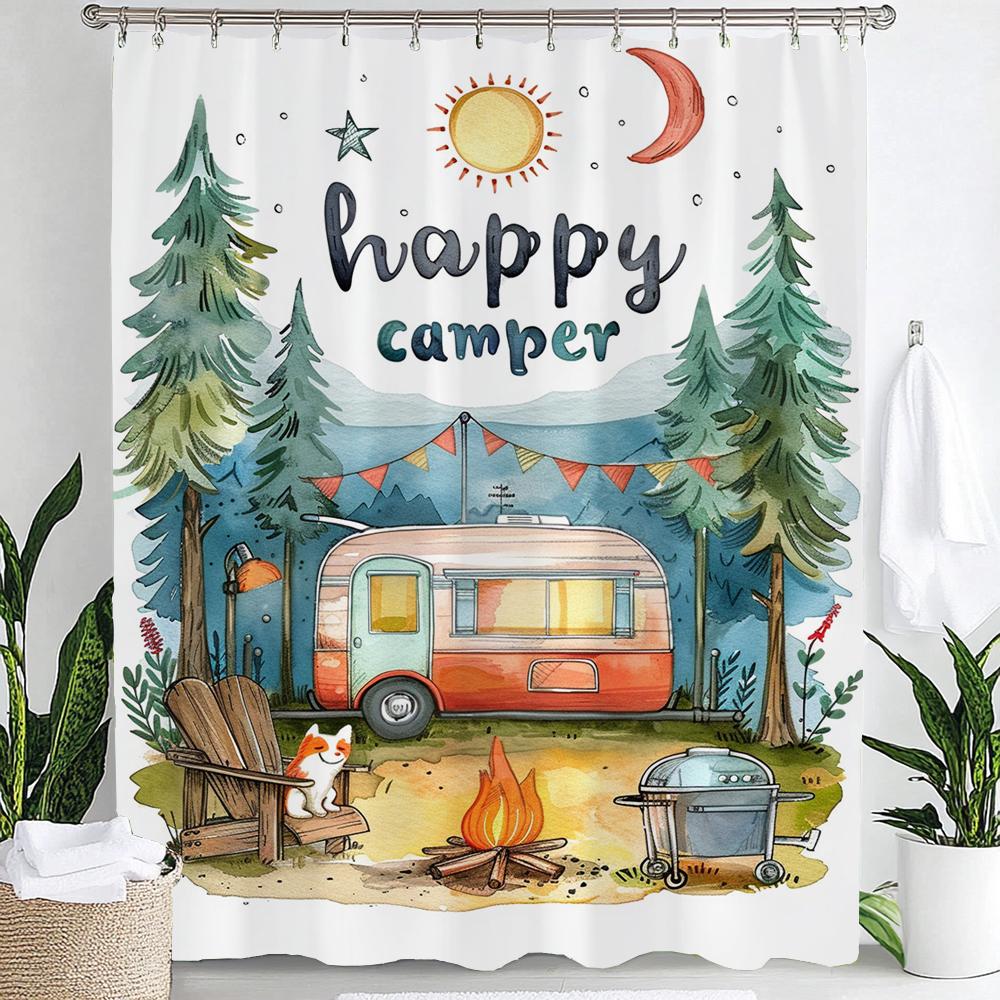 Happy Campers Cartoon Printing Shower Curtain Bathroom Decoration Curtain,Hanging Curtain With Hooks Machine Washable