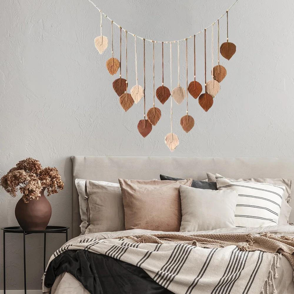 Boho bytové dekorace, makramé tapiserie makramé list peří nástěnná dekorace do obývacího pokoje ložnice, boho nástěnné umění bytové dekorace