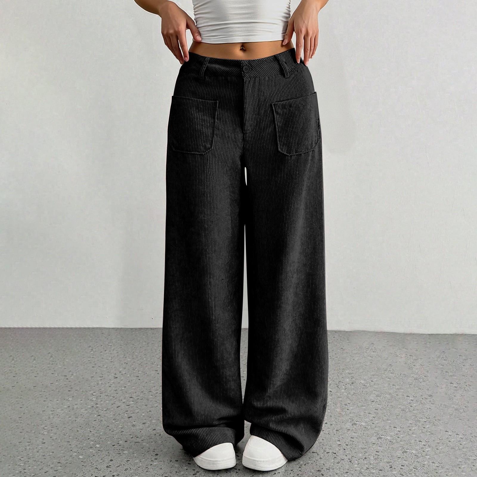 

Вельветовые брюки для женщин повседневные с эластичной талией брюки с прямыми штанинами свободные удобные брюки с карманами L чёрный