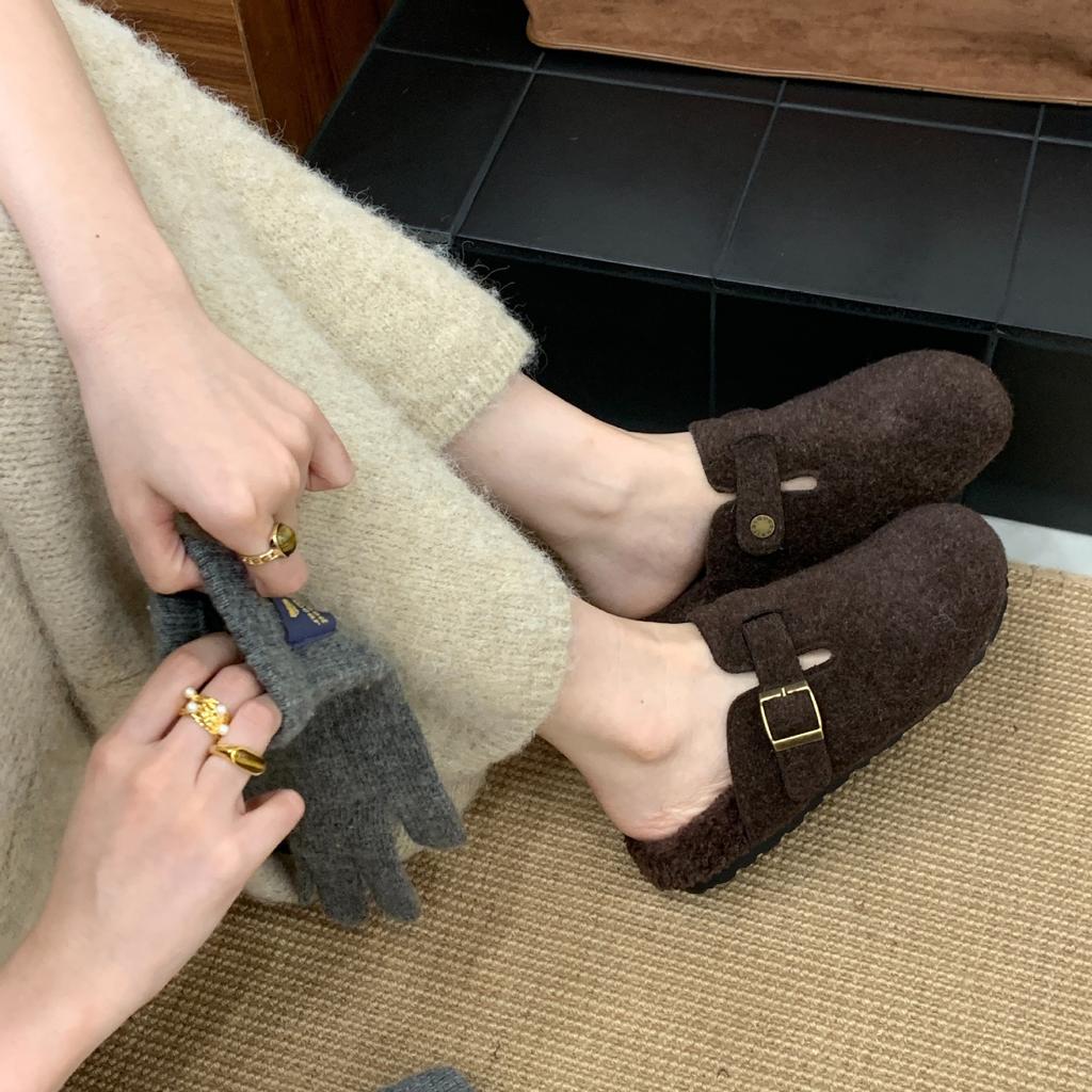 Thick-soled Birkenstock Wool Shoes 2025 Autumn and Winter Korean Version One-word Fluffy Slippers Women Wear Flat-soled Birkenstock Velvet Cotton Shoe
