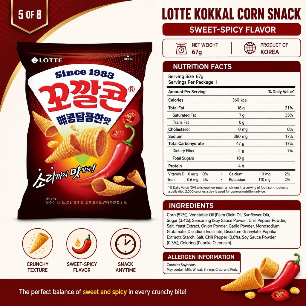 Lotte Kokkal Corn Snack (Sweet‑Spicy Flavor) 67g