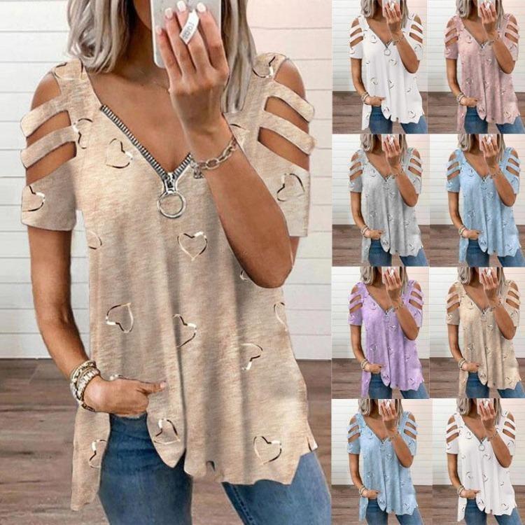 Summer Casual Women Plus Size Hollow V Neck Short Sleeve Zipper T Shirt Top