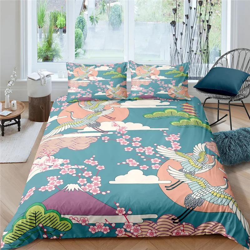Japanese Crane Duvet Cover King Queen Size Wave Flower Ukiyo-e Style Bedding Set Eastern Culture 23pcs Polyester Quilt Cover