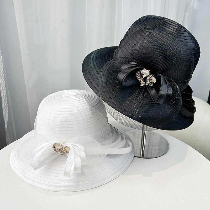 New flower mesh gauze hat women's spring and summer face covering sunscreen basin hat British retro sunshade elegant bow bucket hat