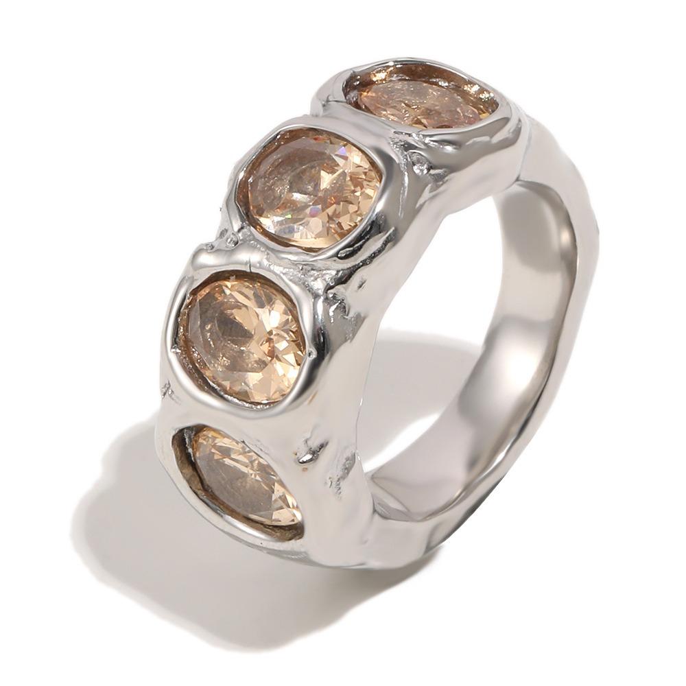 Hammered Finish Oval Zircon Ring Oval Cut Stainless Steel Ring Elegant Geometric Ring for Women 7