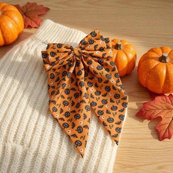 Layered Bow Hair Accessory Halloween Silky Satin Bows, Big Ribbon Clips, Oversized Long Tail Barrettes, Sweet Funny Clip Cute Pumpkin Ghost Witch Hat