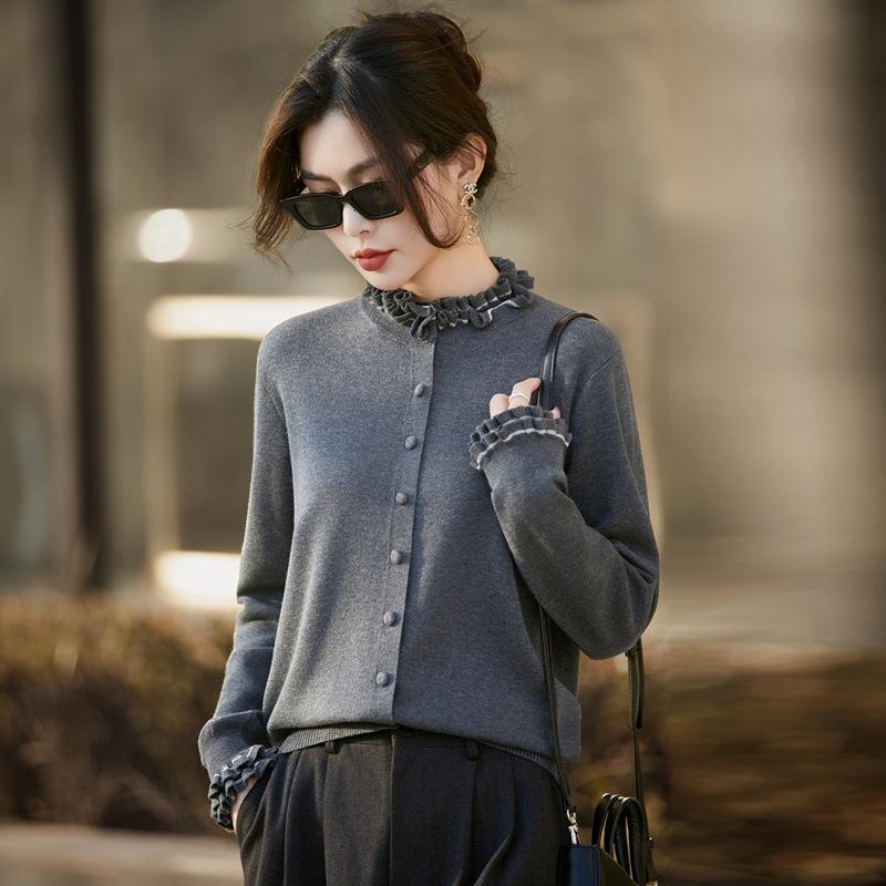 French Crochet Fungus Edge Collar Cardigan Women'S Autumn And Winter New Foreign Style Warm Base Stacked Sweater Jacket
