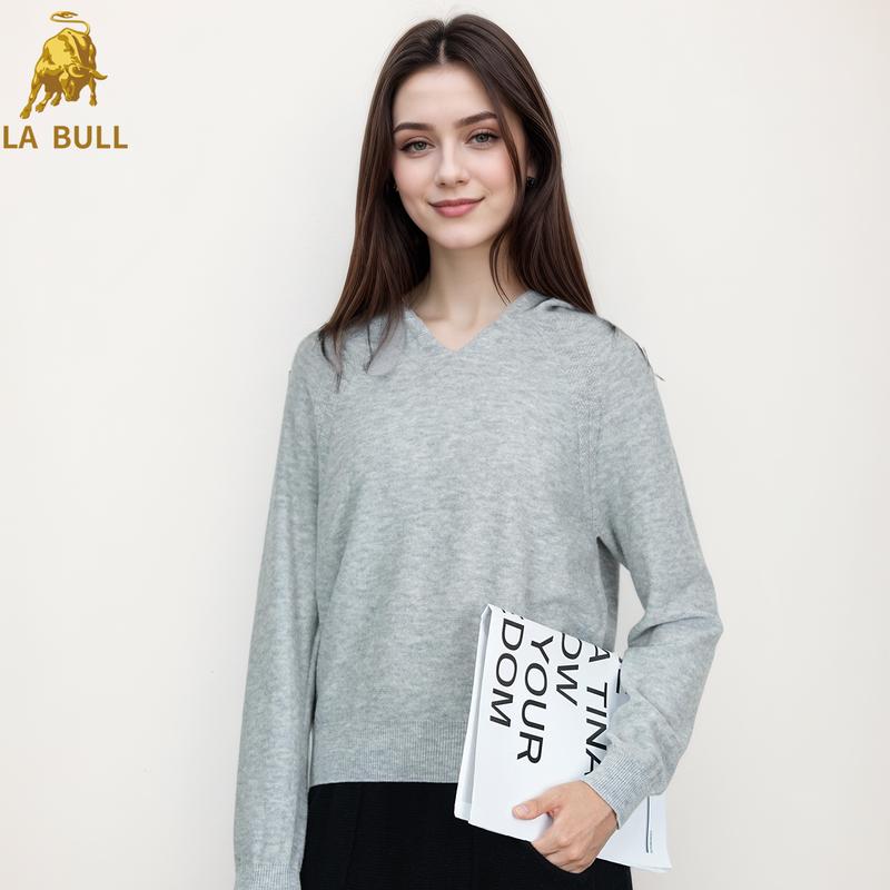 

LA BULL Women s Hooded V-Neck 99.9% Wool Knit Sweater 2XL
