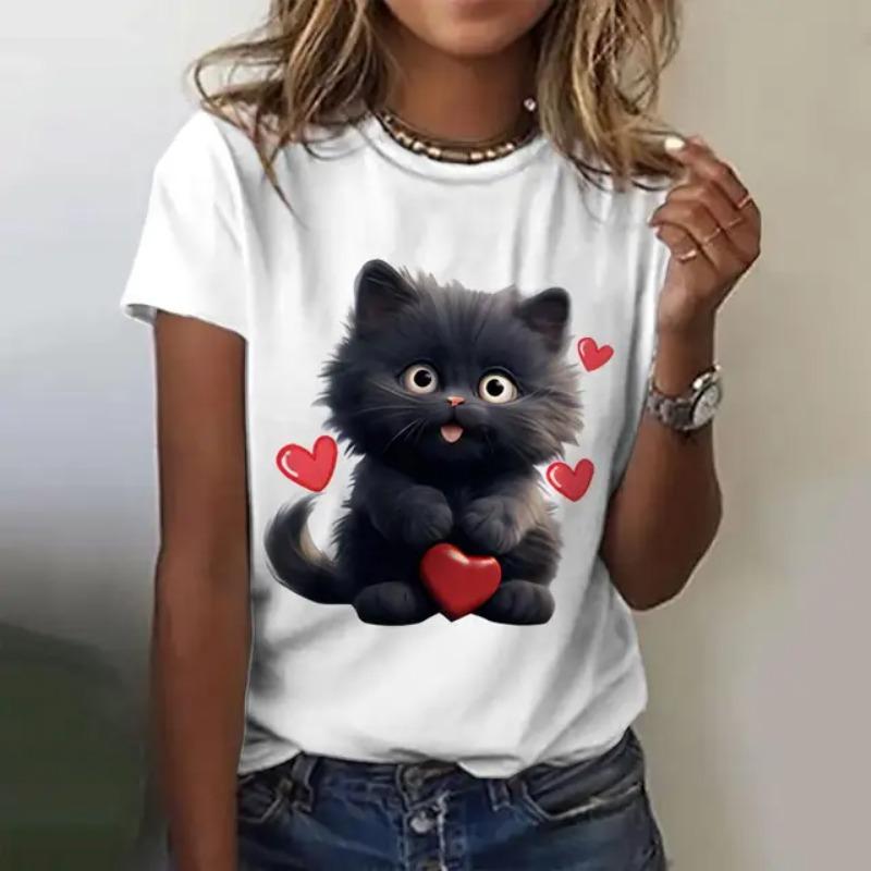 Women's summer short sleeved black cute cat printed T-shirt
