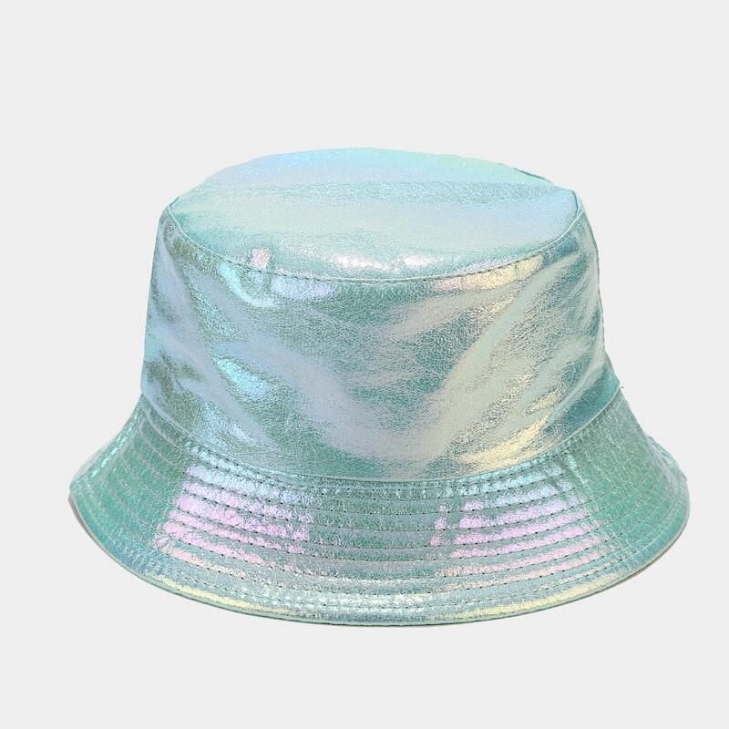 Women Girl Laser PU Faux Leather Bucket Hat Cap Shiny Sunhat Foldable Casual